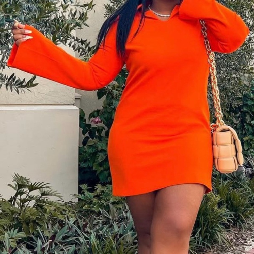 Zara Bold Orange Collared dress, size small, semi bell sleeve. New!